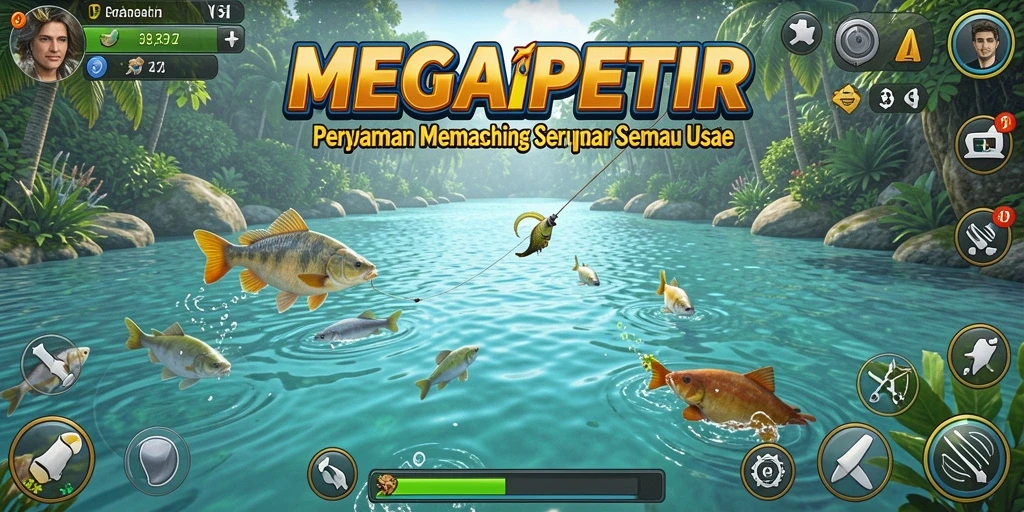 Screenshot gameplay MEGAPETIR yang menampilkan keseruan memancing.