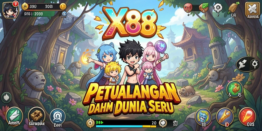 Tampilan screenshot utama X88 menunjukkan aksi karakter dalam dunia anime.